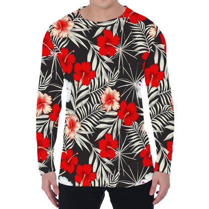 White Tropical Hibiscus Pattern Print Men's Long Sleeve T-Shirt