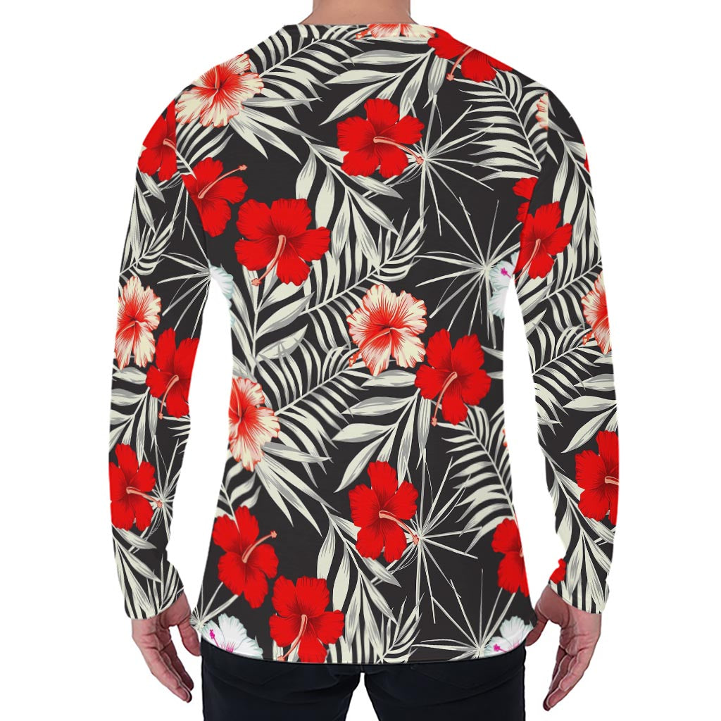 White Tropical Hibiscus Pattern Print Men's Long Sleeve T-Shirt