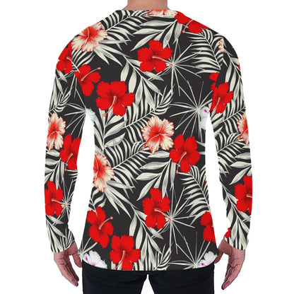 White Tropical Hibiscus Pattern Print Men's Long Sleeve T-Shirt