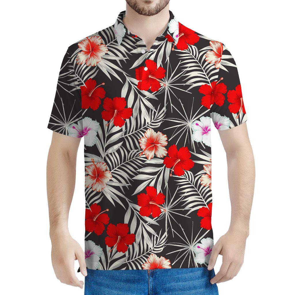 White Tropical Hibiscus Pattern Print Men's Polo Shirt