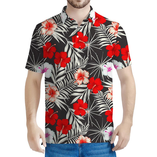 White Tropical Hibiscus Pattern Print Men's Polo Shirt