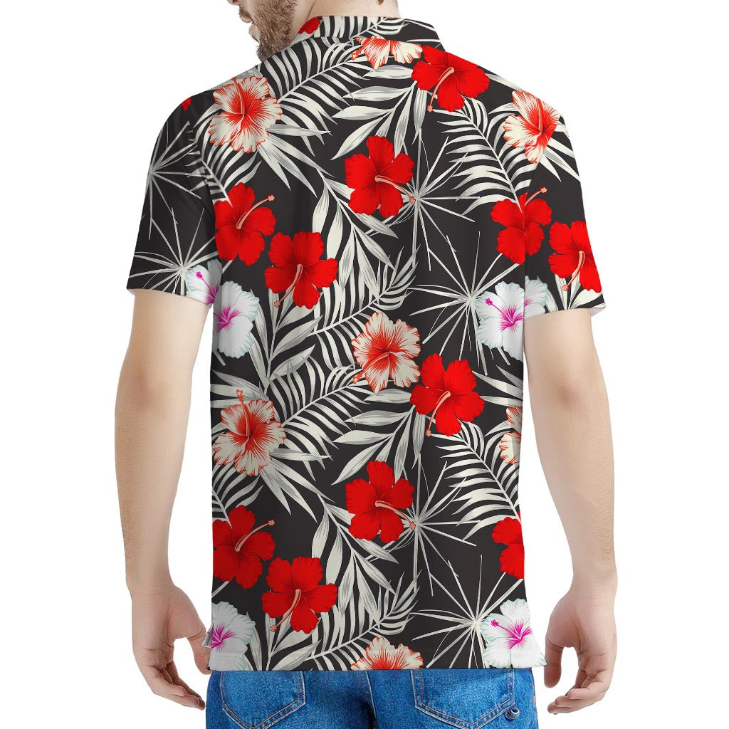 White Tropical Hibiscus Pattern Print Men's Polo Shirt