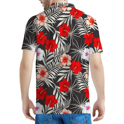 White Tropical Hibiscus Pattern Print Men's Polo Shirt