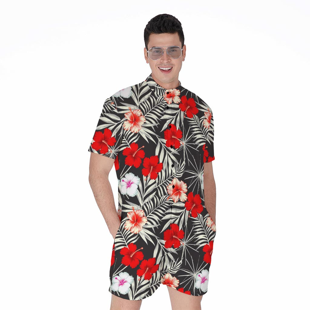 White Tropical Hibiscus Pattern Print Men's Rompers