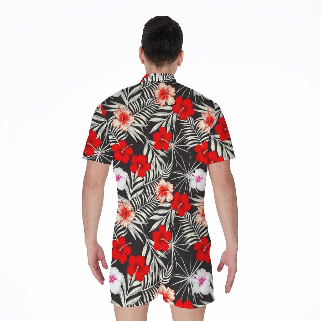 White Tropical Hibiscus Pattern Print Men's Rompers