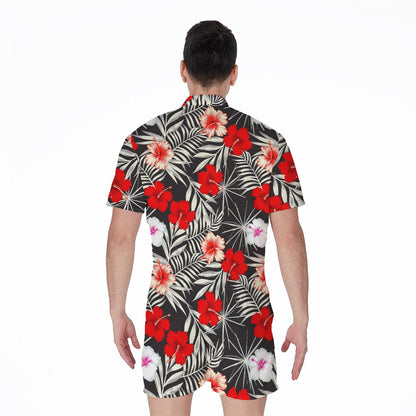 White Tropical Hibiscus Pattern Print Men's Rompers