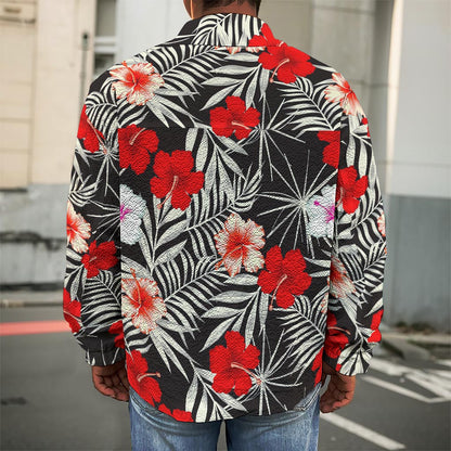 White Tropical Hibiscus Pattern Print Men's Shirt Jacket