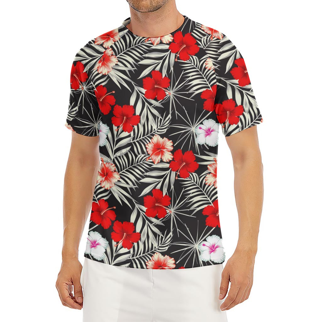 White Tropical Hibiscus Pattern Print Men's Short Sleeve Rash Guard