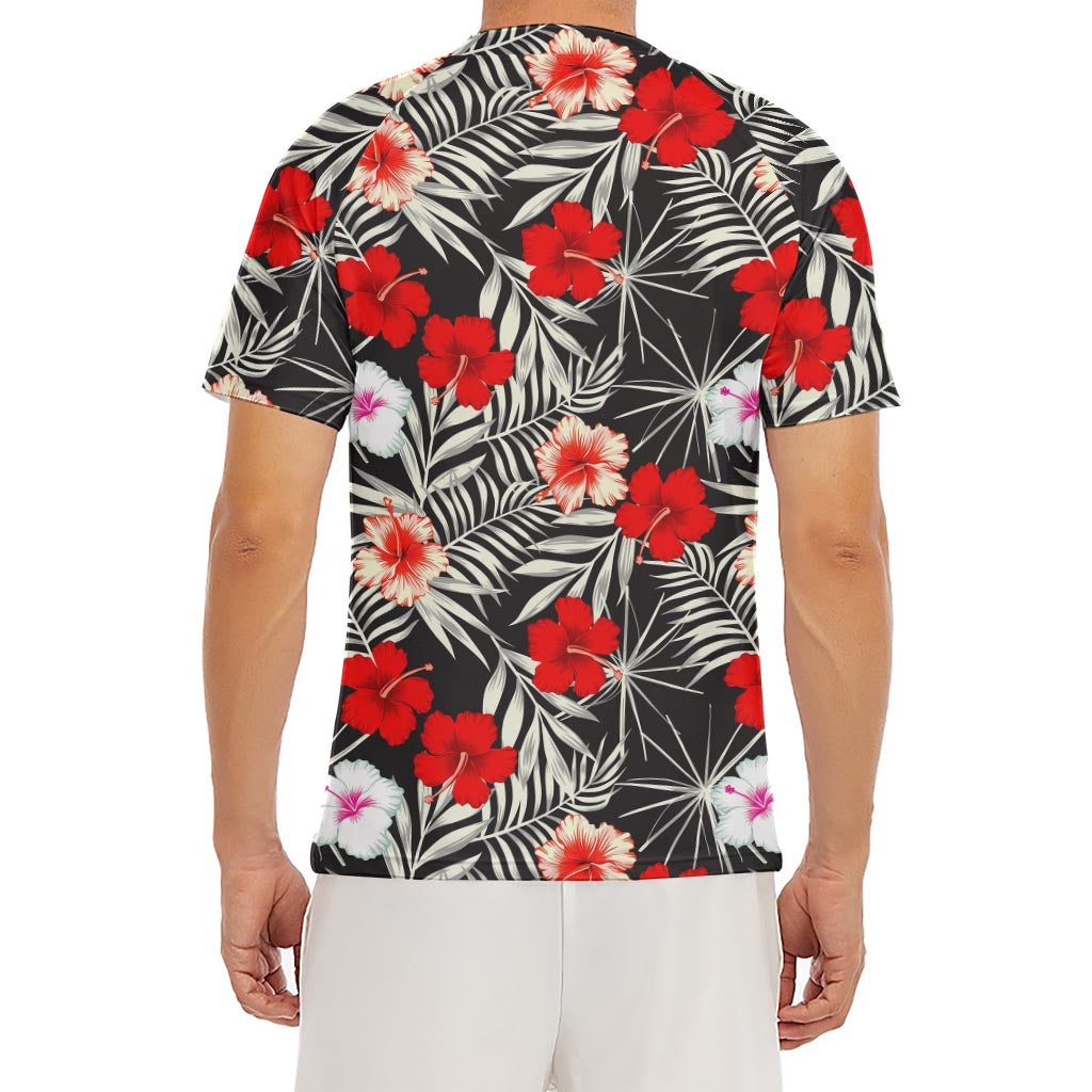 White Tropical Hibiscus Pattern Print Men's Short Sleeve Rash Guard