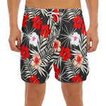 White Tropical Hibiscus Pattern Print Men's Split Running Shorts