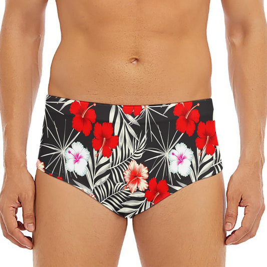 White Tropical Hibiscus Pattern Print Men's Triangle Swim Briefs
