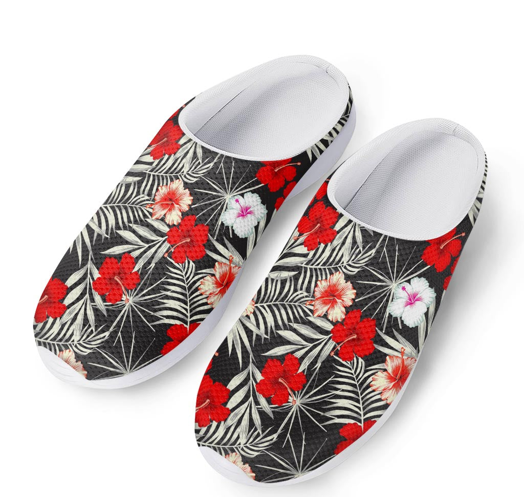 White Tropical Hibiscus Pattern Print Mesh Casual Shoes