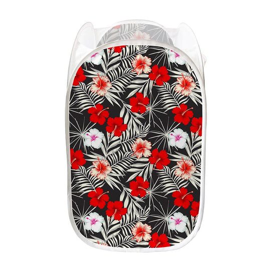 White Tropical Hibiscus Pattern Print Mesh Laundry Hamper