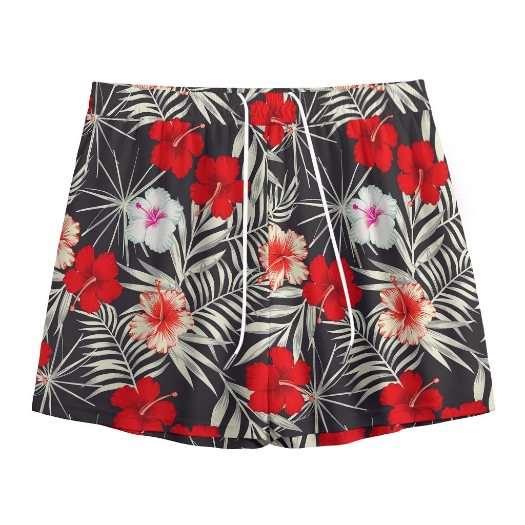 White Tropical Hibiscus Pattern Print Mesh Shorts
