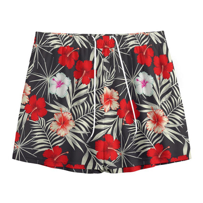 White Tropical Hibiscus Pattern Print Mesh Shorts
