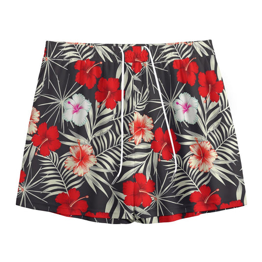 White Tropical Hibiscus Pattern Print Mesh Shorts
