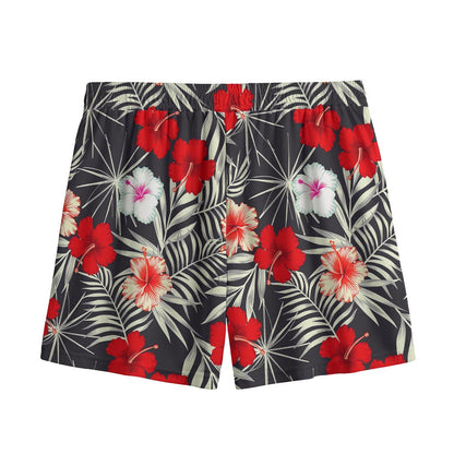 White Tropical Hibiscus Pattern Print Mesh Shorts