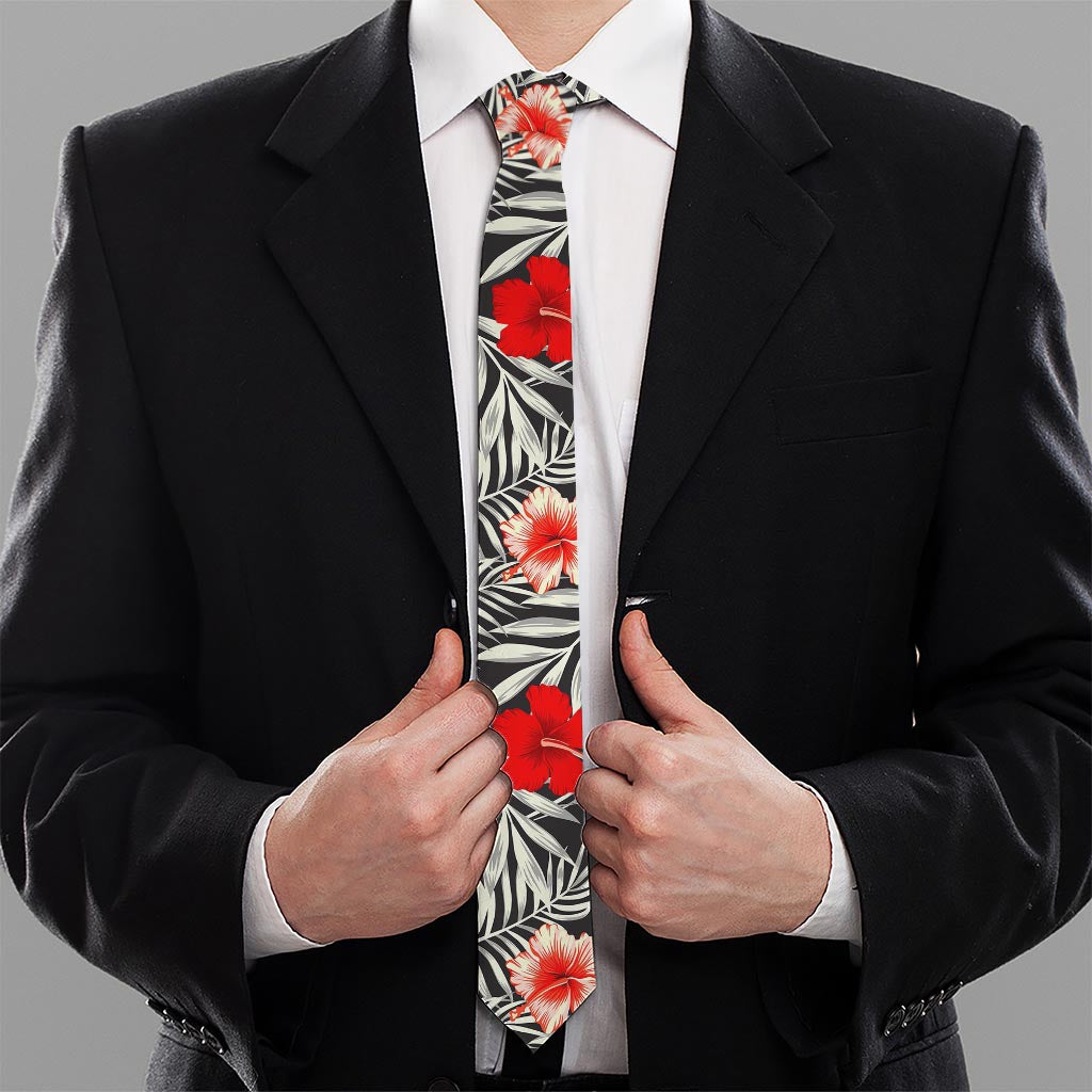 White Tropical Hibiscus Pattern Print Necktie