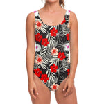 White Tropical Hibiscus Pattern Print One Piece Swimsuit