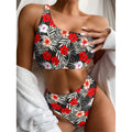 White Tropical Hibiscus Pattern Print One Shoulder Bikini Set