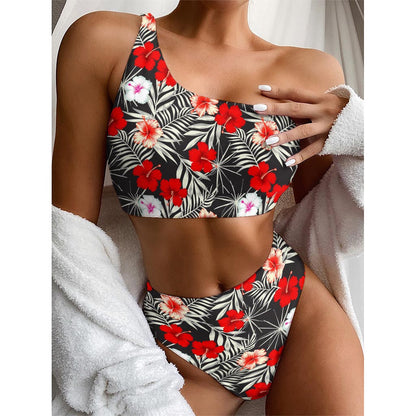 White Tropical Hibiscus Pattern Print One Shoulder Bikini Top