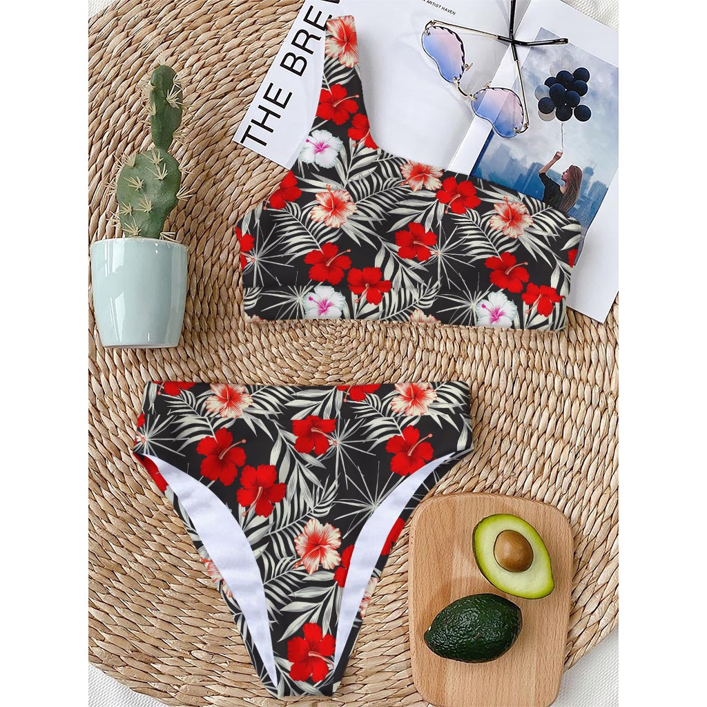 White Tropical Hibiscus Pattern Print One Shoulder Bikini Top