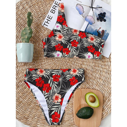 White Tropical Hibiscus Pattern Print One Shoulder Bikini Top