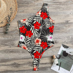 White Tropical Hibiscus Pattern Print One Shoulder Bodysuit