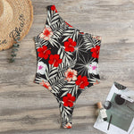 White Tropical Hibiscus Pattern Print One Shoulder Bodysuit