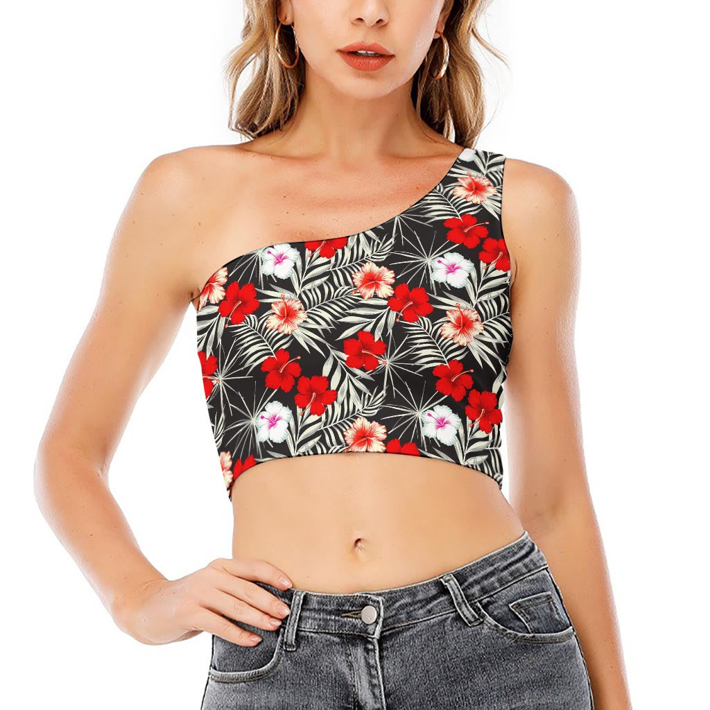 White Tropical Hibiscus Pattern Print One Shoulder Crop Top