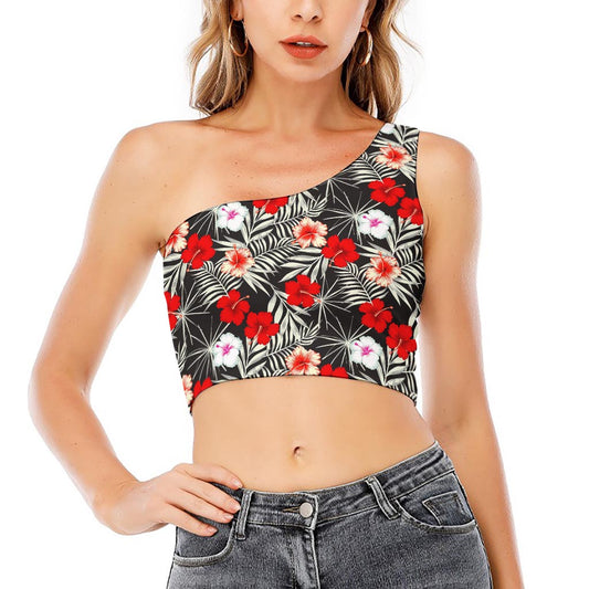 White Tropical Hibiscus Pattern Print One Shoulder Crop Top