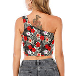 White Tropical Hibiscus Pattern Print One Shoulder Crop Top