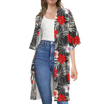 White Tropical Hibiscus Pattern Print Open Front Beach Cover Up