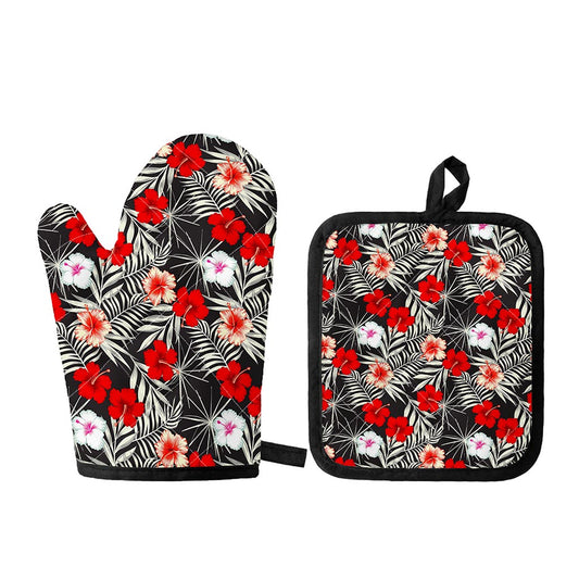 White Tropical Hibiscus Pattern Print Oven Mitt And Pot Holder Set
