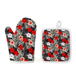 White Tropical Hibiscus Pattern Print Oven Mitt And Pot Holder Set