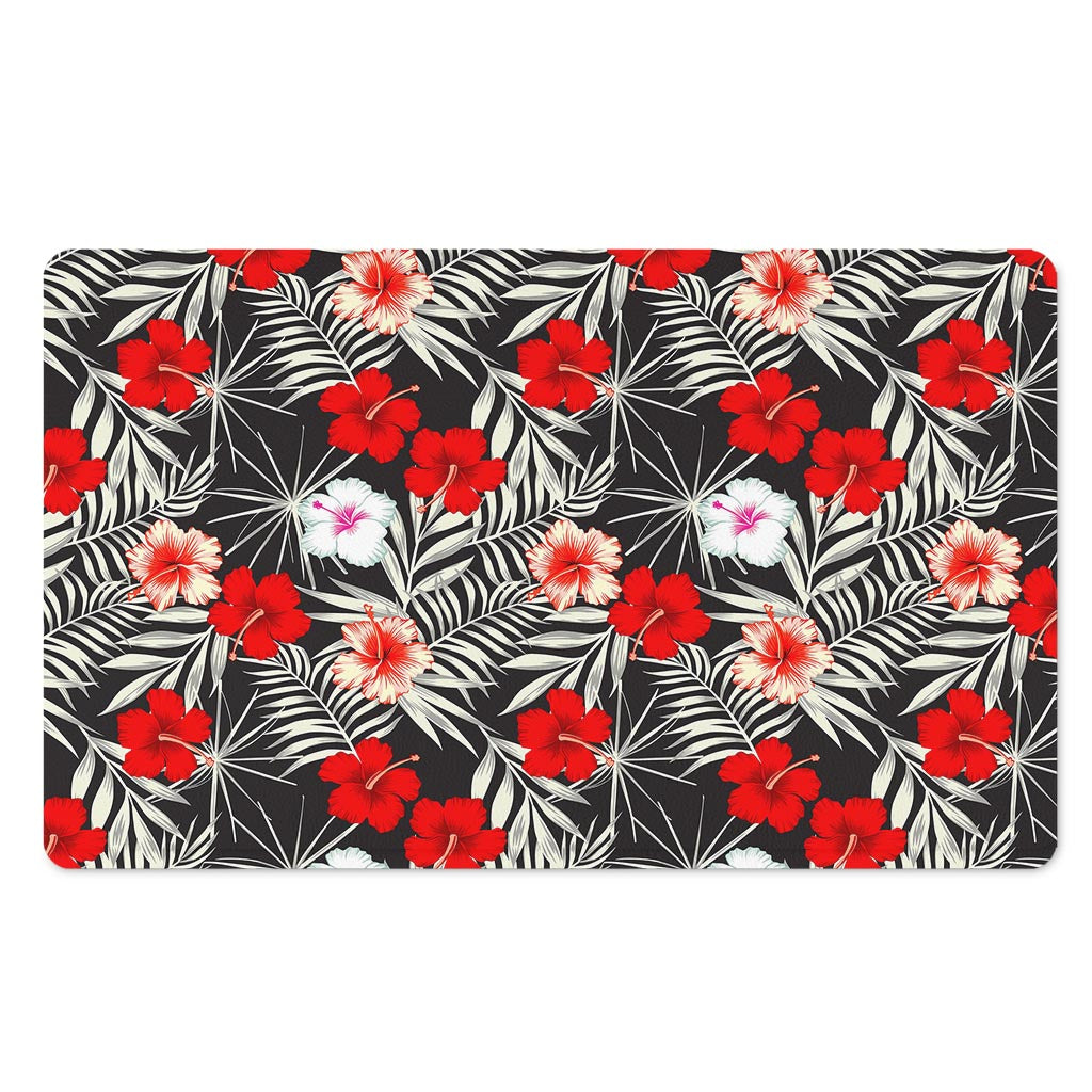 White Tropical Hibiscus Pattern Print Polyester Doormat