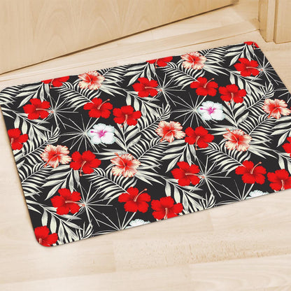 White Tropical Hibiscus Pattern Print Polyester Doormat