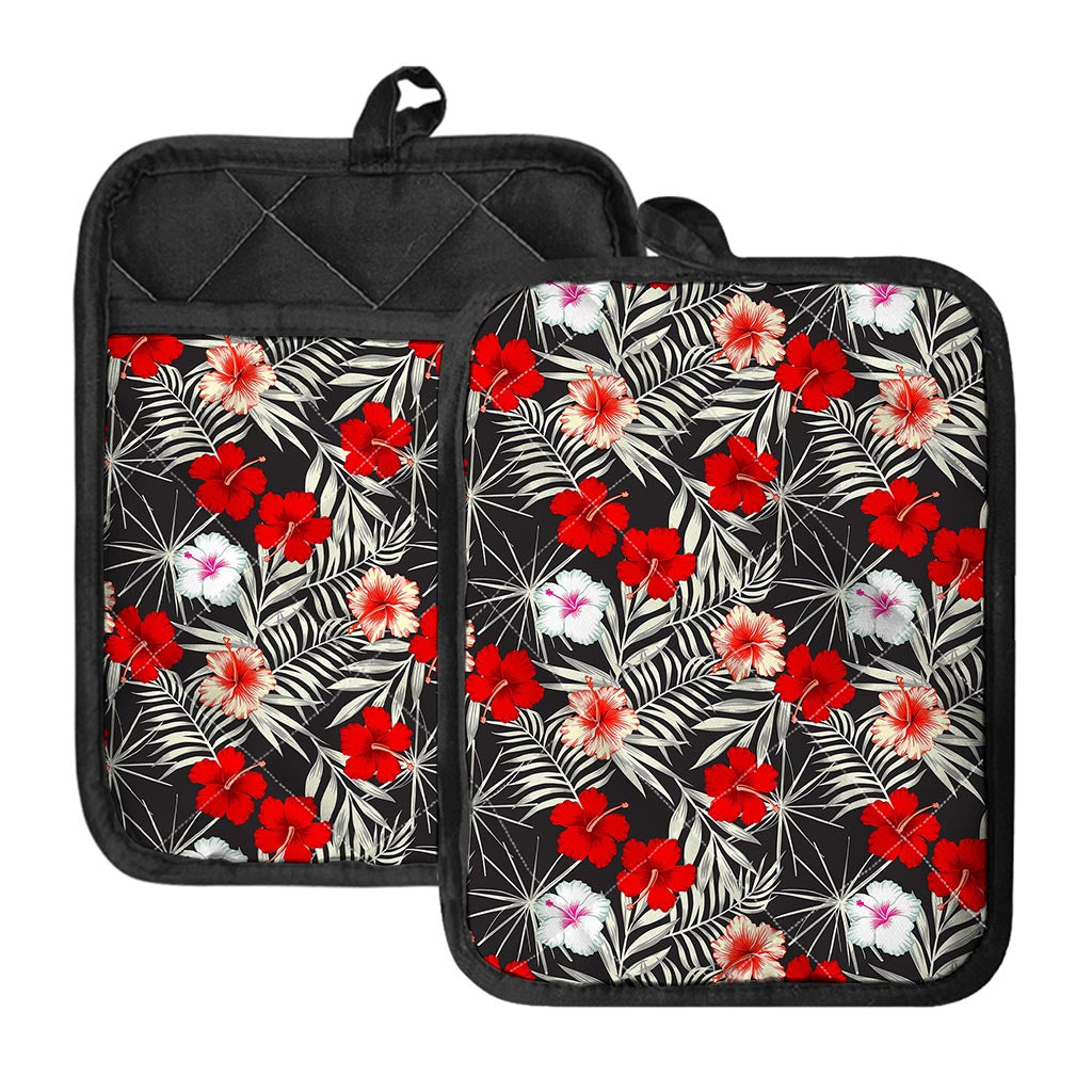 White Tropical Hibiscus Pattern Print Pot Holders With Pocket