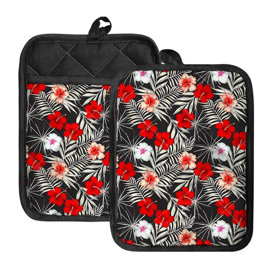 White Tropical Hibiscus Pattern Print Pot Holders With Pocket