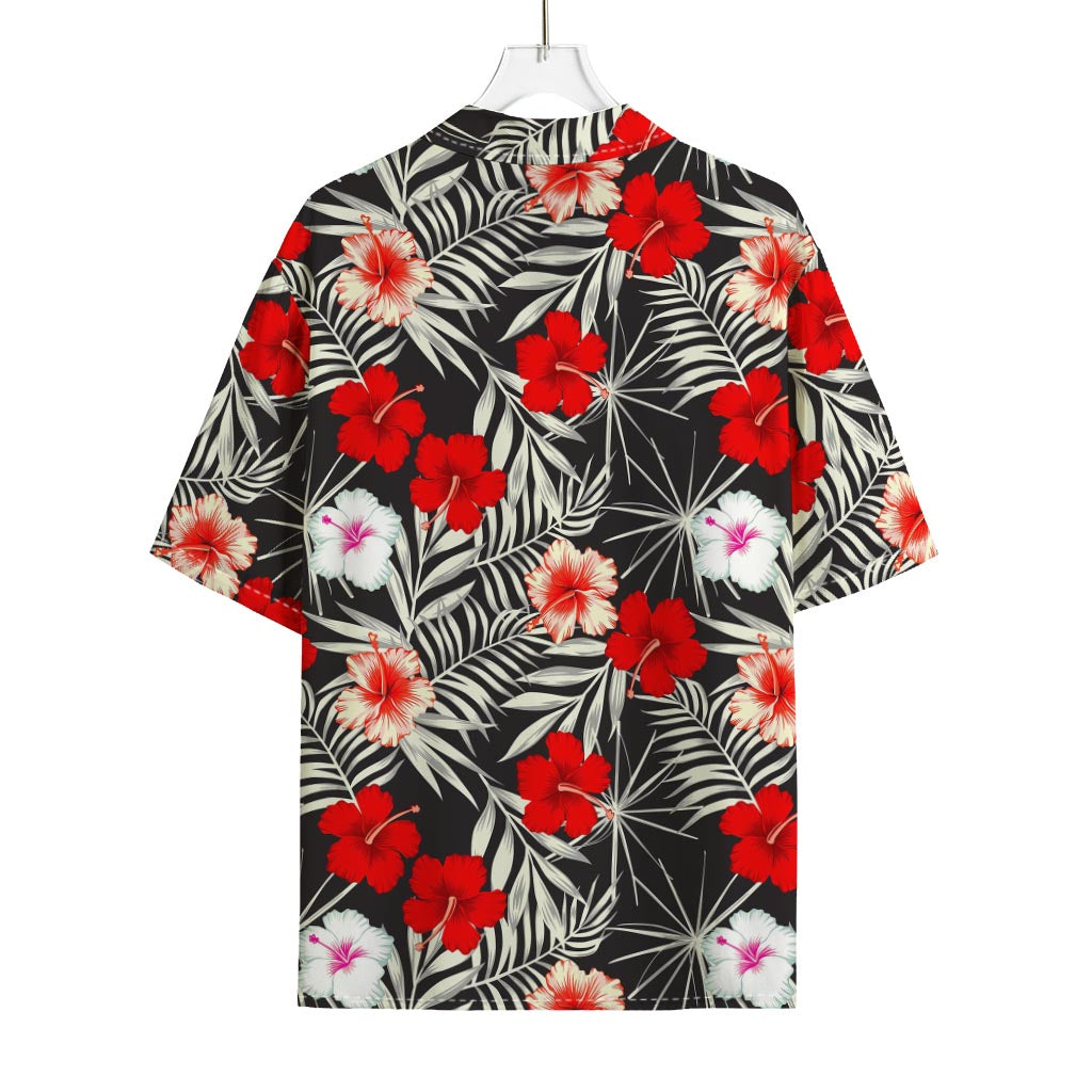 White Tropical Hibiscus Pattern Print Rayon Hawaiian Shirt
