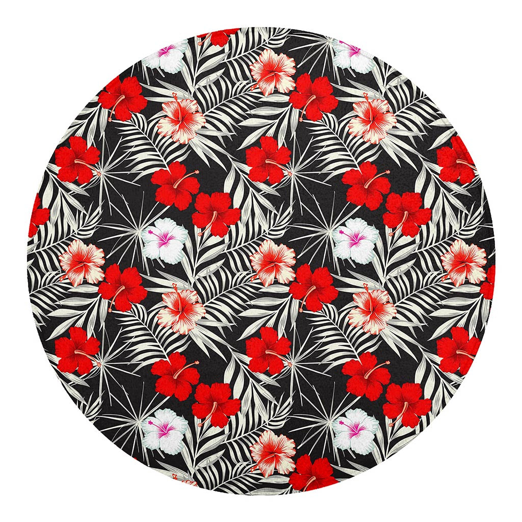 White Tropical Hibiscus Pattern Print Round Blanket