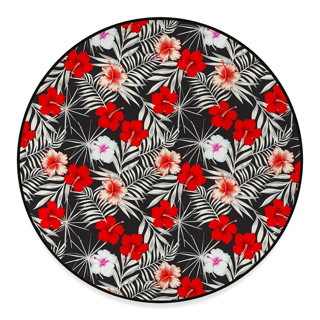 White Tropical Hibiscus Pattern Print Round Floor Mat
