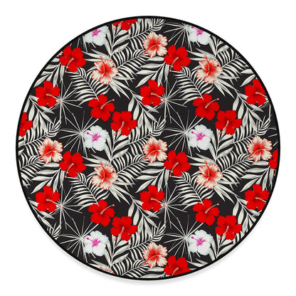 White Tropical Hibiscus Pattern Print Round Floor Mat