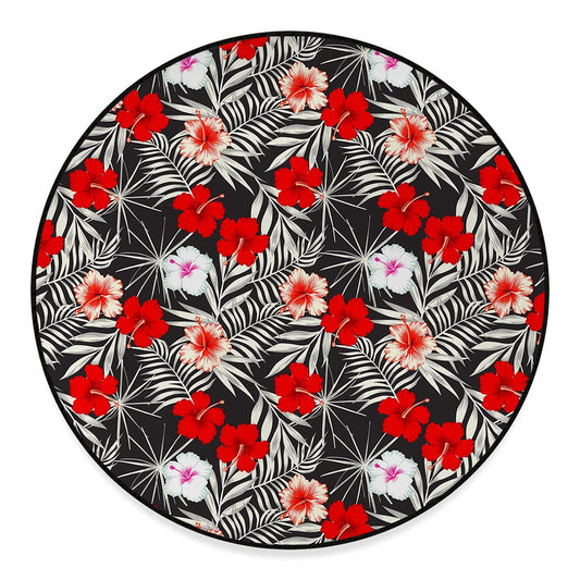 White Tropical Hibiscus Pattern Print Round Floor Mat