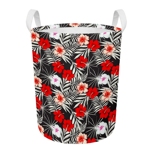 White Tropical Hibiscus Pattern Print Round Laundry Basket
