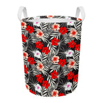 White Tropical Hibiscus Pattern Print Round Laundry Basket