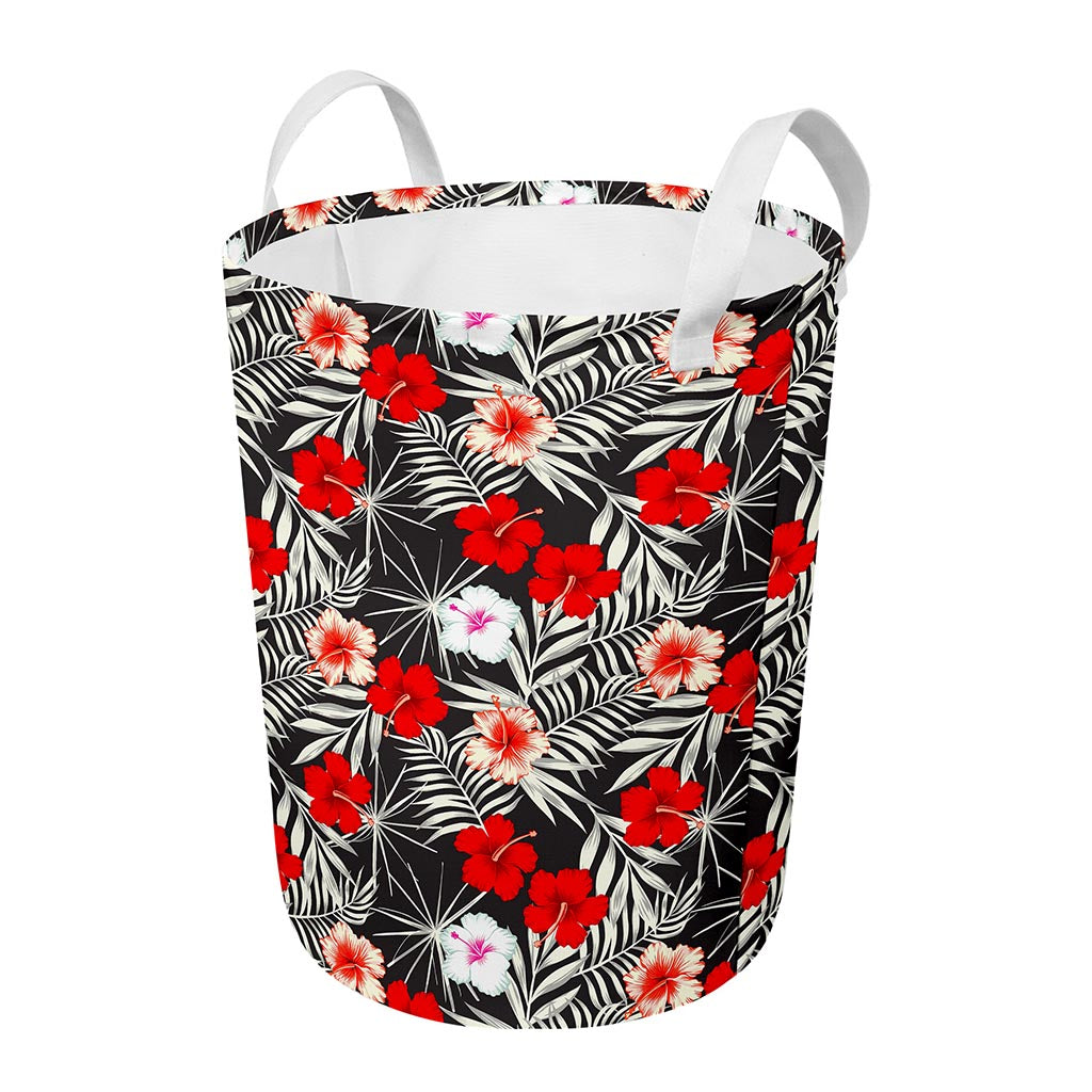 White Tropical Hibiscus Pattern Print Round Laundry Basket