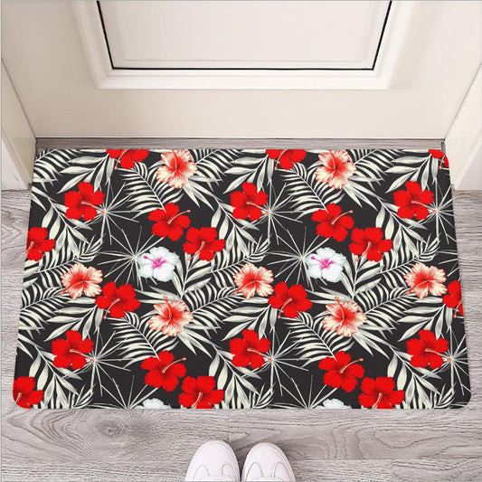 White Tropical Hibiscus Pattern Print Rubber Doormat