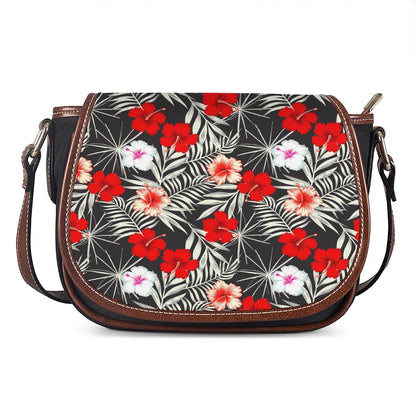 White Tropical Hibiscus Pattern Print Saddle Bag