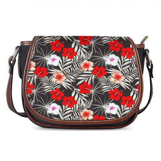 White Tropical Hibiscus Pattern Print Saddle Bag